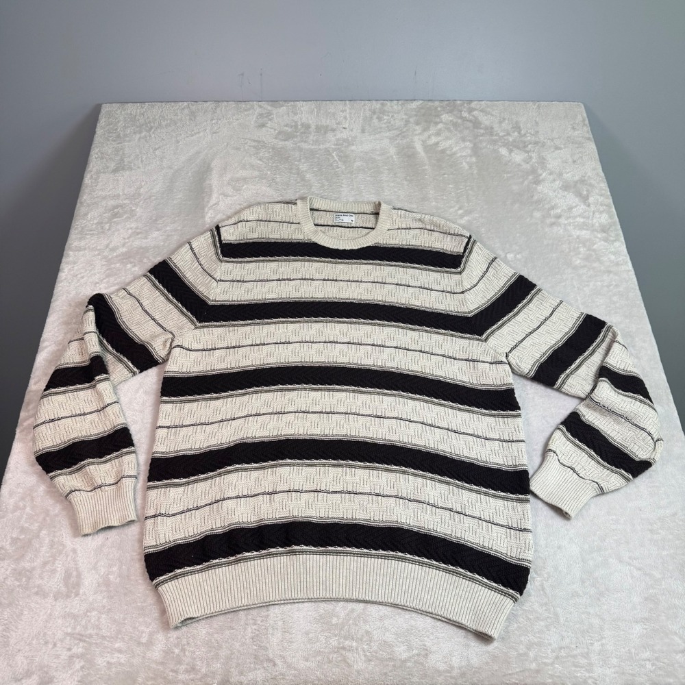 Frank And Oak Men XL Beige Black Striped Textured Organic Cotton Crew Sweater